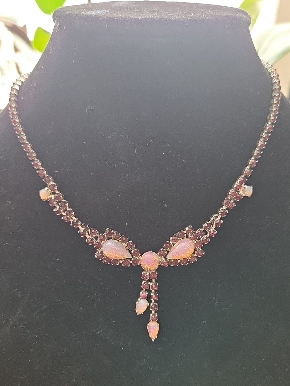Vintage Mid-Century Continental Cocktail Necklace w Chaton Rhinestones & Opaline